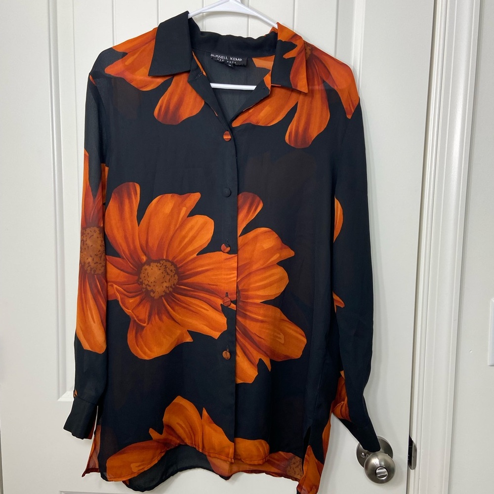 EUC Vintage Russell Kemp women’s black orangish brown floral button up sheer top